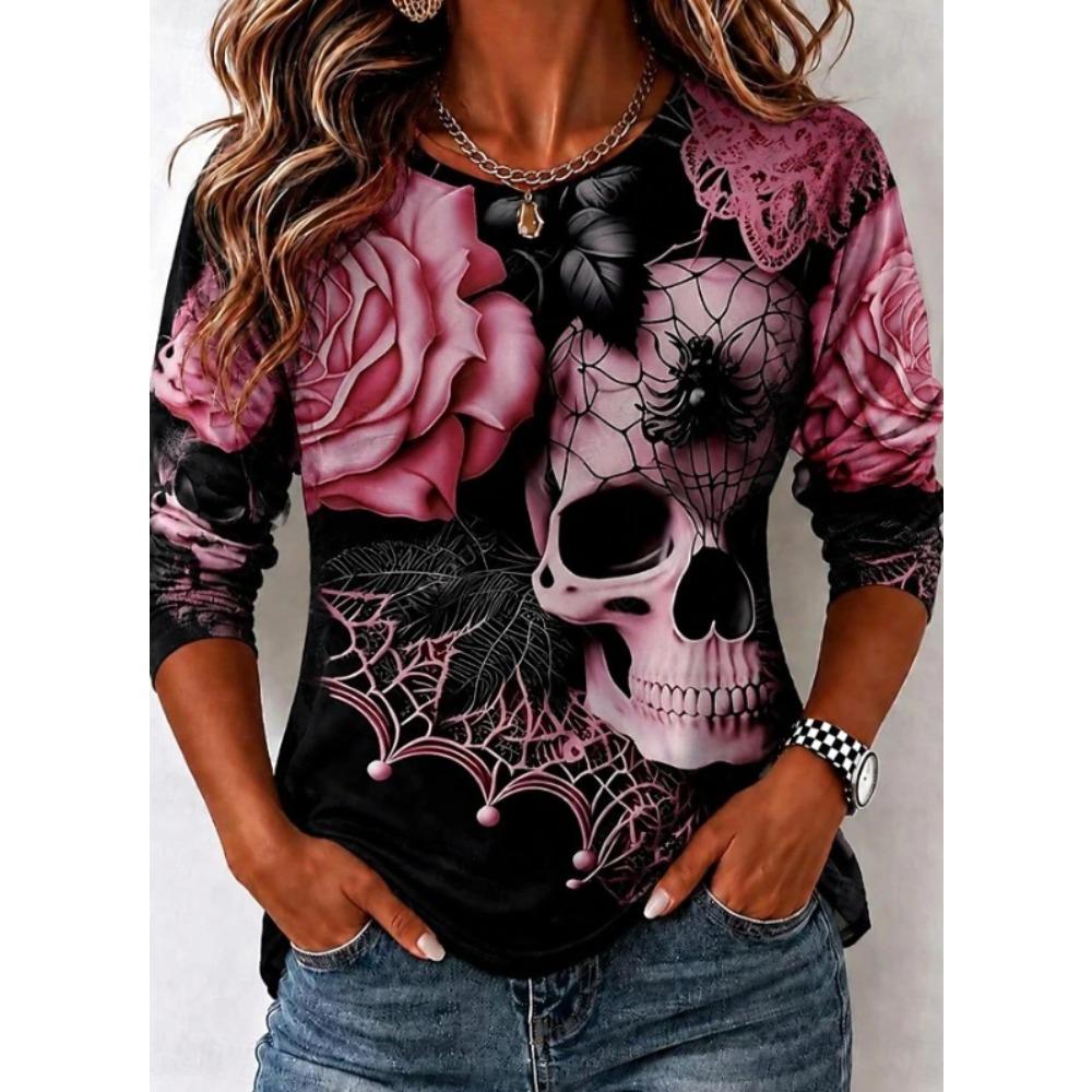 Tops for Women Halloween Print Round Neck Long Sleeve T-shirt Fall Casual Slim Pullover Women's Long Sleeve Top