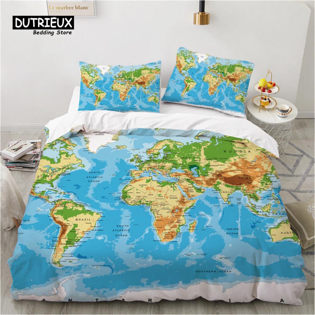 Compass Duvet Cover Vintage World Map Bedding Set Nautical Compass On Background Old Map Comforter Cover For Kids Adults Decor