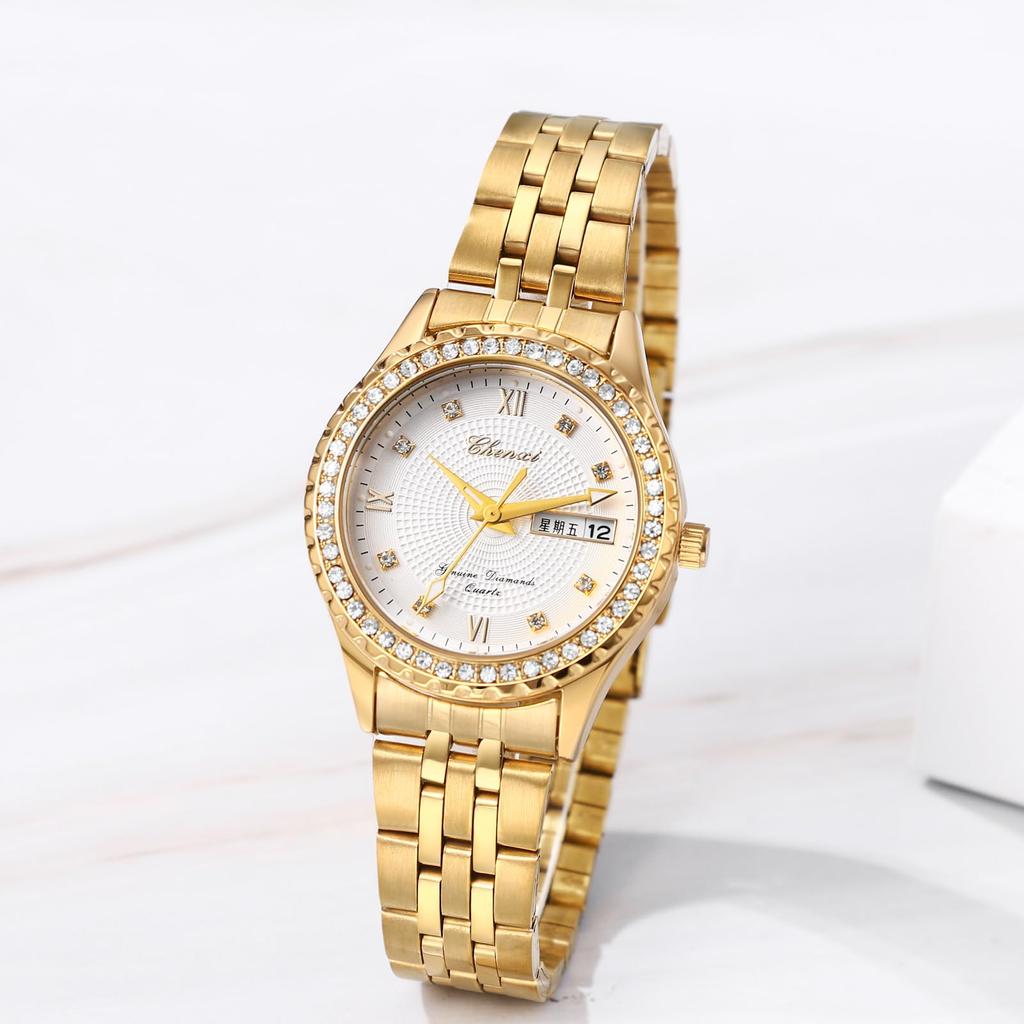 Stylish Stainless Steel Watch In Analog 3ATM Water Day Quartz Fashion Accessory Perfect Gift for or Lover Women's Gold Display, Calendar, Resistance,