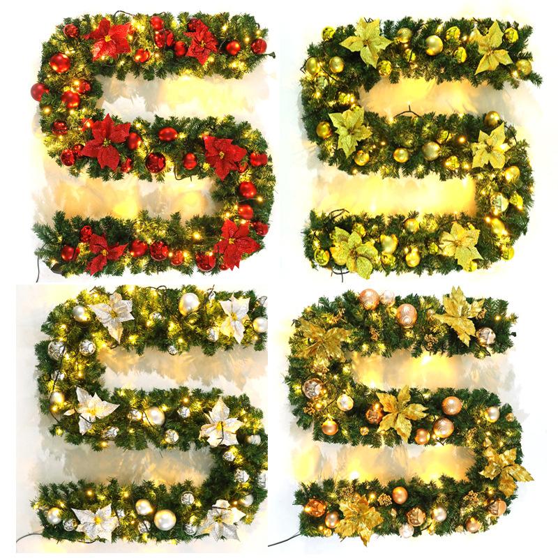 9FT Christmas Garland with Lights - Pre-Lit Artificial Green Christmas Garland for Stair Railings Mantle Decorations with Red Flowers, Berry Clusters