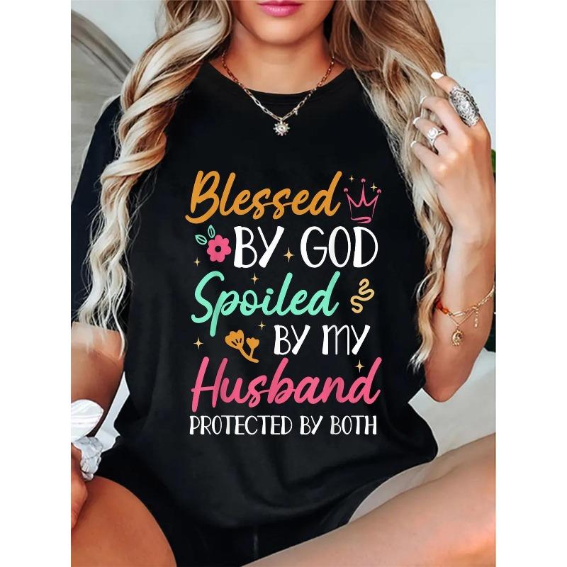 Women S Funny Marriage T-Shirt -  Blessed By God, Spoiled By My Husband  Graphic Tee with Hearts & Floral Accents - Black Casual Everyday Shirt S чёрный
