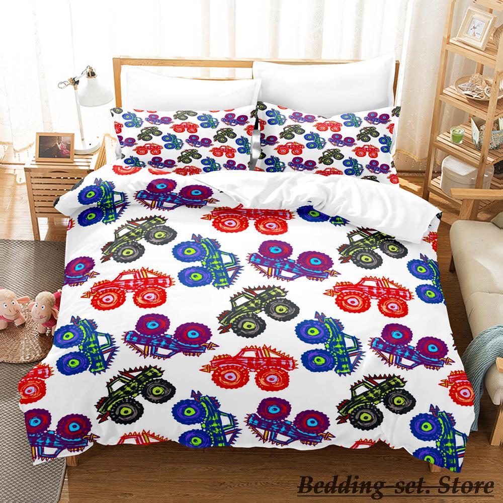 Kreskówkowy Zestaw Pościeli Monster Trucks DS Pojedynczy Bliźniak Pełny Queen King Size Zestaw na Łóżko Dorosły Dziecko Sypialnia Zestawy Poszewek na Kołdrę Anime Kawaii