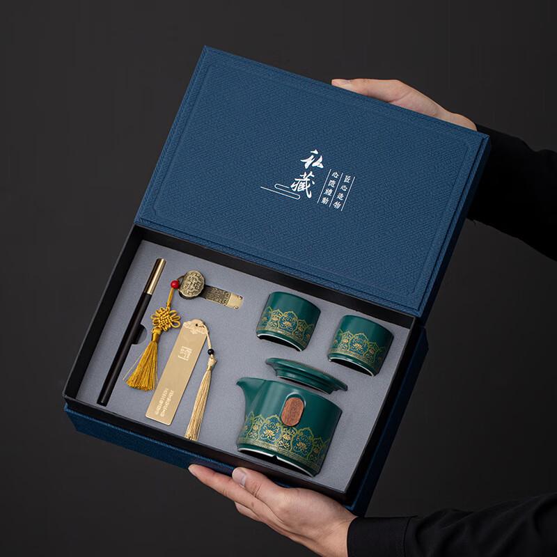 Chaxun Retro Ceramic Tea Set with Green Floral Bookmark Pen Set