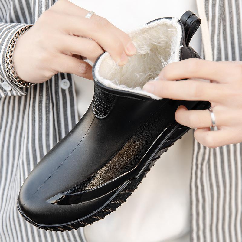 Regenschuhe kurzer Schaft Herren verschleißfeste Seeangelschuhe Herren Fleece Gummischuhe wasserdichte Regenstiefel Herren Ausgeh-Schneestiefel