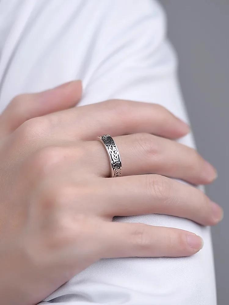 Nouvelles Bagues Argentées Motif Herbe Tang Ancien Rétro pour Femmes Bague Classique Doigt Index Garçons Français Cadeau Bijoux Gothiques