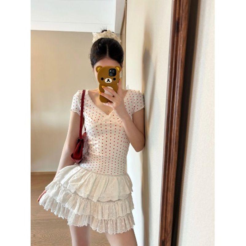 

Kumikumi Sweet Set Heart Printed V-neck Short Sleeve T-shirt Female Summer Low Waist All-Match Tutu Two-piece Set Top S