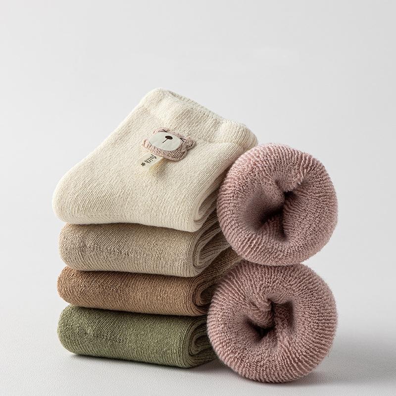 Newborn Baby Socks Cartoon Bear Infant Girls Boys Knitted Cotton Socks Solid Color Cute Toddlers Middle Tube Sock Winter