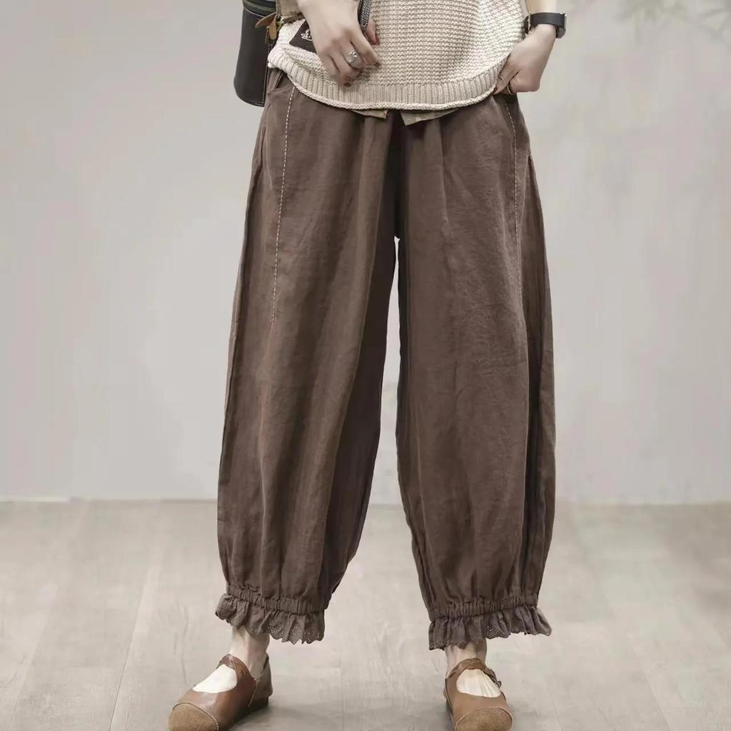 Women's Literary and Artistic Fashion Stitching Linen Carrot Pants All-match Western Style Lantern Casual Pants