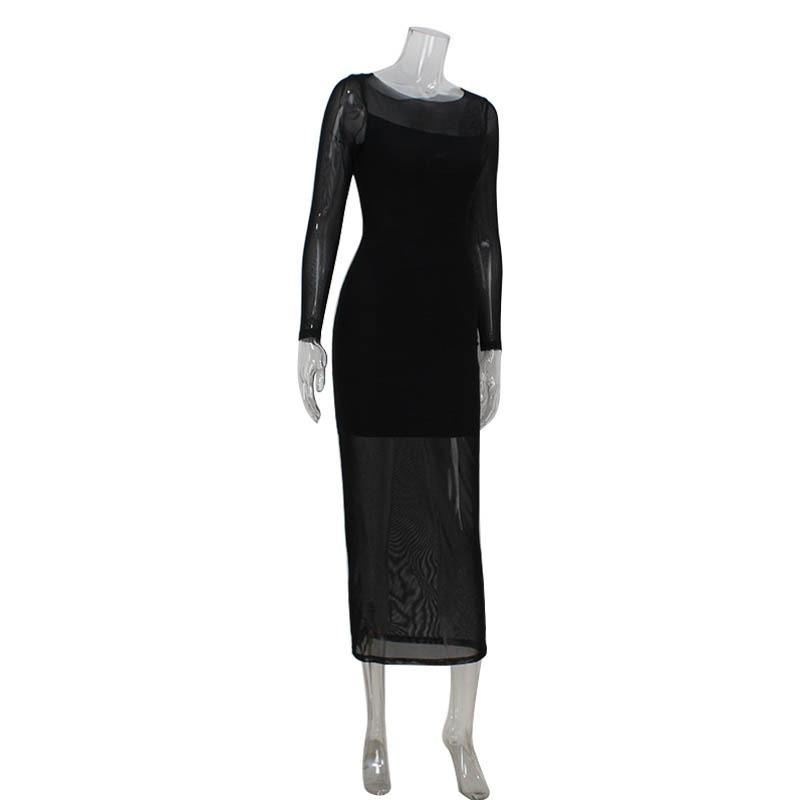 Women's Fashion Sexy Round Neck Long Sleeve Net Gauze Perspective Slimming Dress