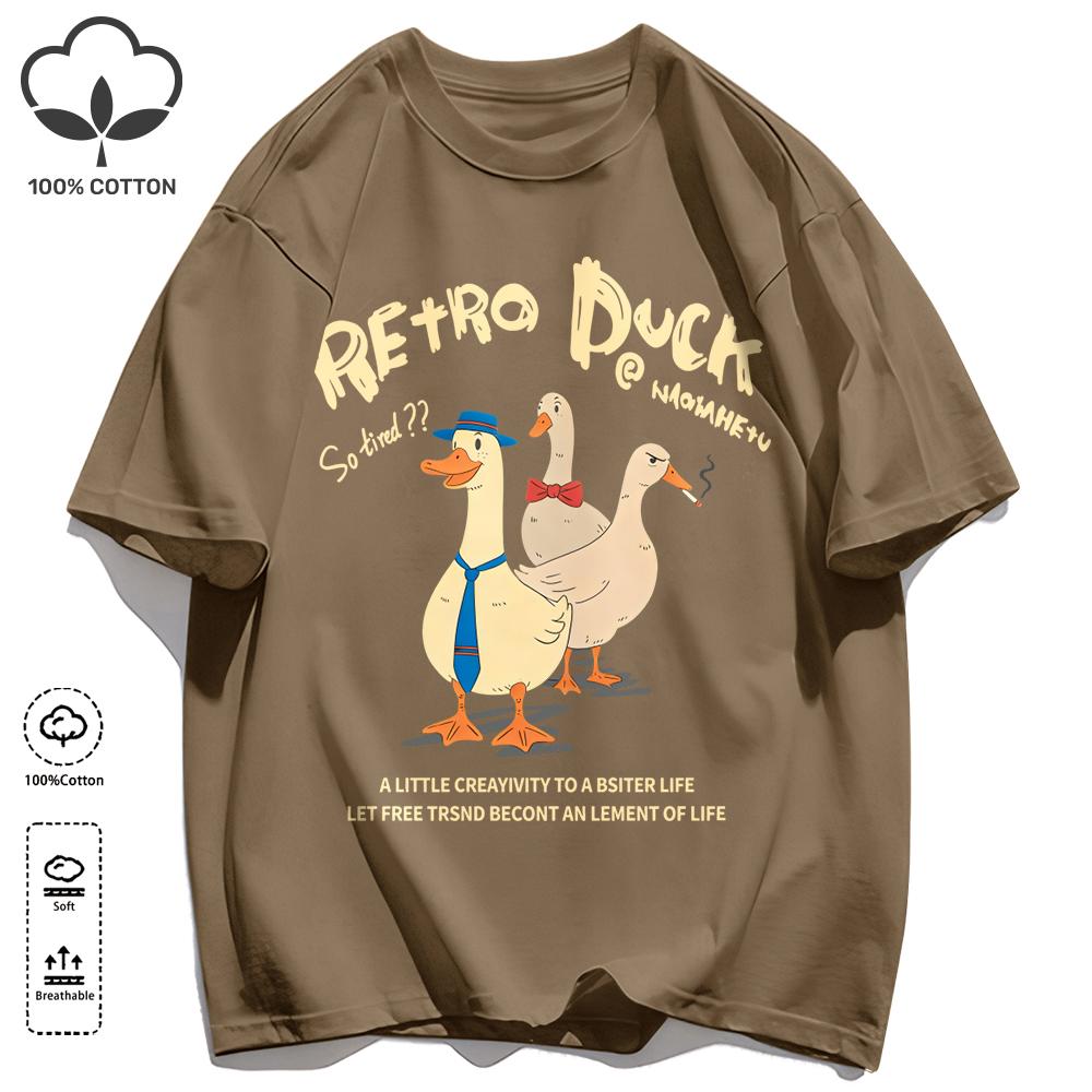 Retro Duck Doesn'T Feel Tired Design T Shirts Unisex Cotton Basics T-Shirt Soft Summer Fashion Tee Unisex O-Neck Loose Retro Top