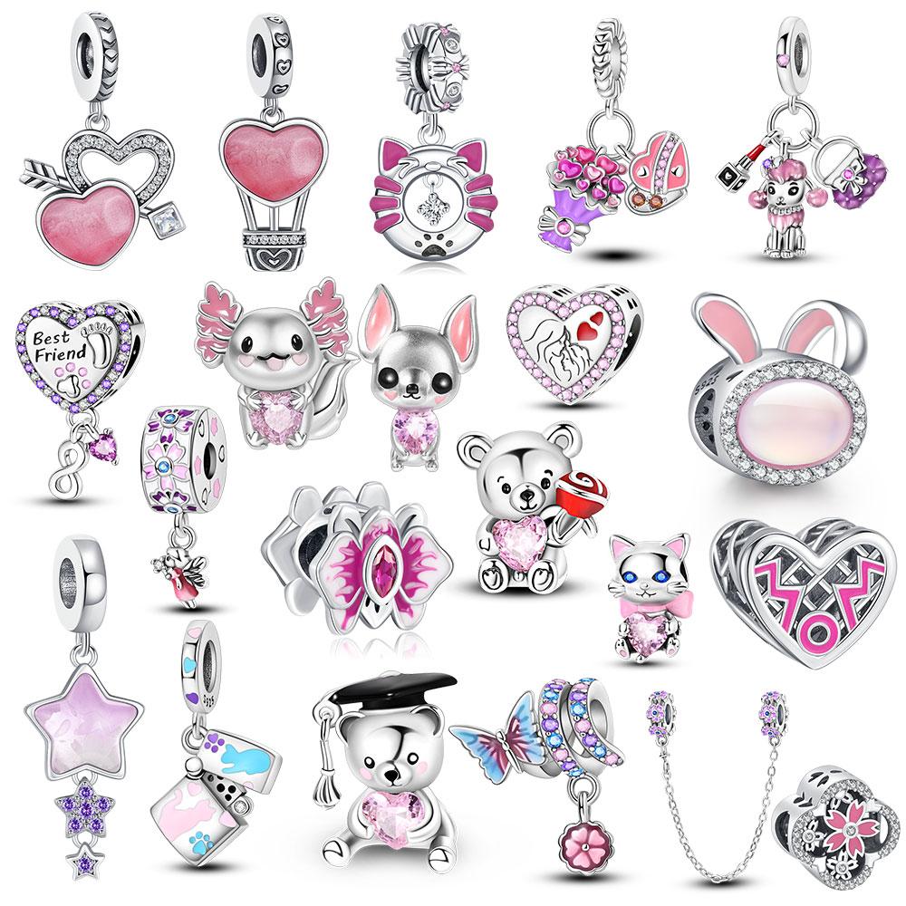 

Розовый кролик Бусины Животное подходит Оригинальные Браслеты Женщины Ювелирные Изделия Шарм Ожерелье Сердце Любовь Воздушные шары Цветы Рак груди Подарок Сделай Сам