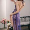 Sexy halterneck lace maxi skirt hot temptation royal sister slit see-through dress erotic lingerie