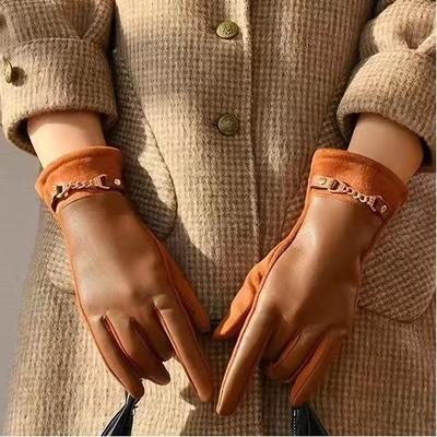Winter Korean Elegant Synthetic Leather Gloves for Women Waterproof Fleece Lining Warm Touch Screen Waterproof Windproof Gloves