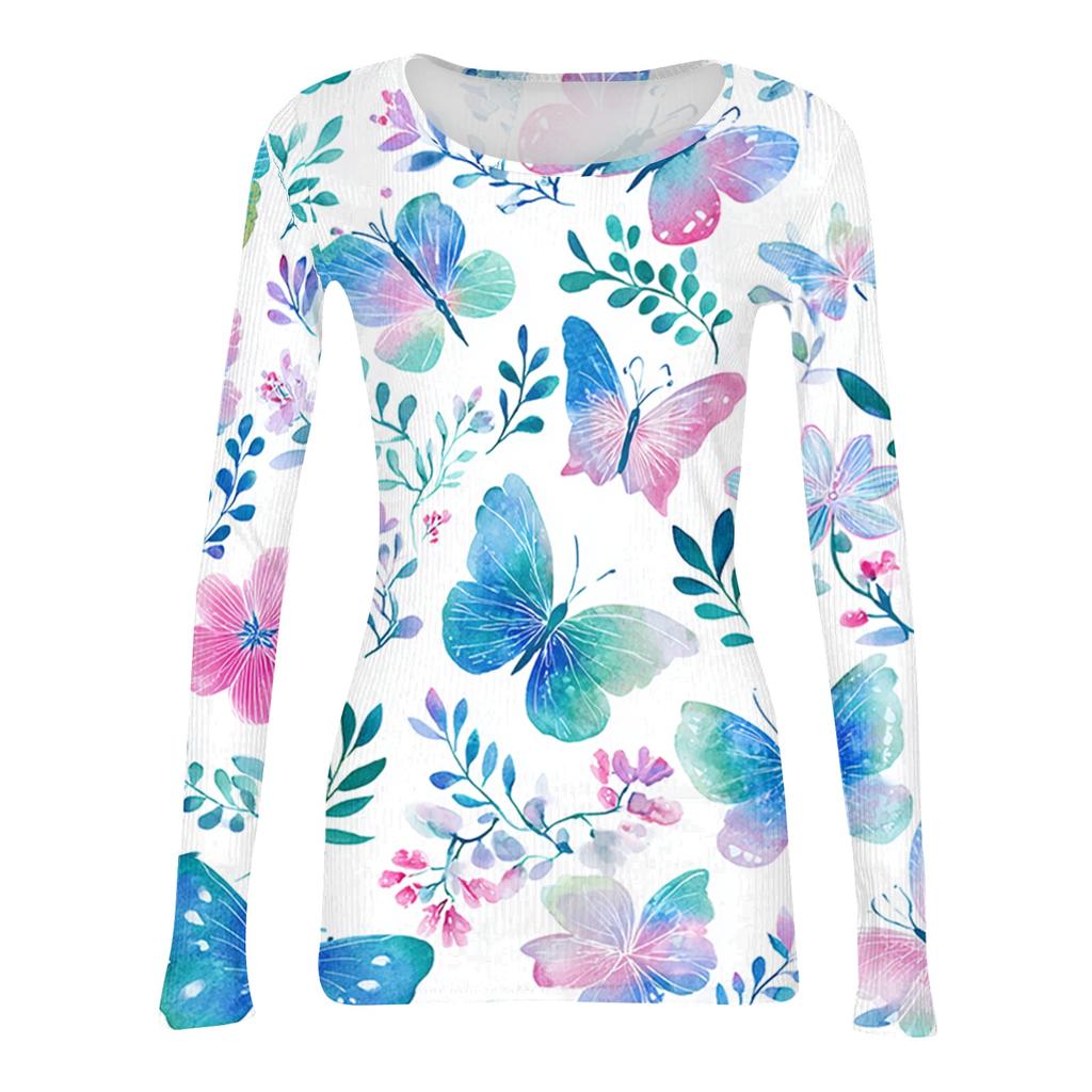 Women's Casual Ribbed Long Sleeve Top Floral Print Crew Neck Stretchy Slim Fit Lightweight Shirt for Everyday Wear