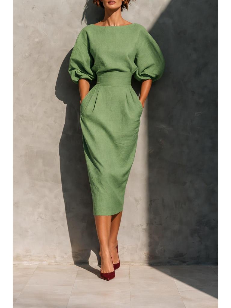 Damen Retro U-Boot-Ausschnitt A-Linien-Kleid mit Puffärmeln und hoch tailliertem Faltenrock – Perfekt für Frühlings- und Herbst Eleganz