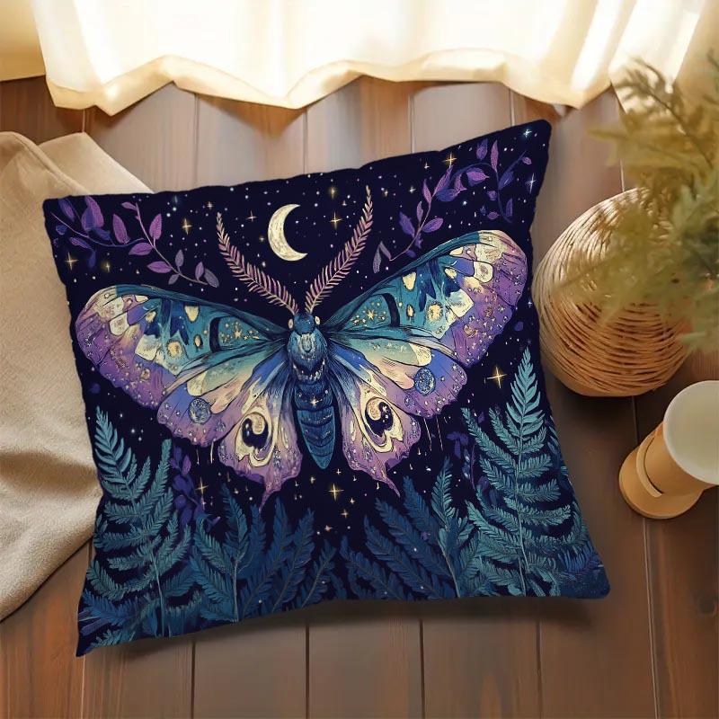 Vikama Bohemian-Style Moth And Crescent Moon Pillowcase With Starry Fern Design Decorative Cushion Cover