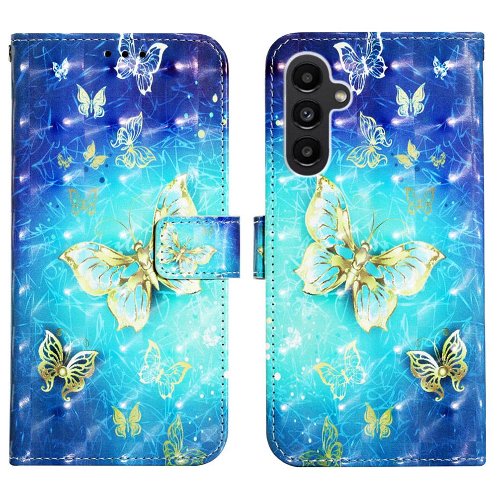 

For Samsung Galaxy A15 4G 4G Leather Case 3D Pattern Printing Wallet Stand Mobile Cover with Strap Golden Butterflies