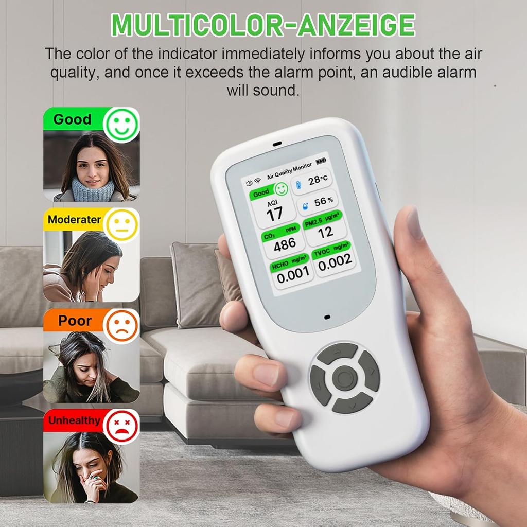 Air Quality Monitor Indoor, Portable Air Quality Tester for PM1.0, PM2.5, PM10, CO2, TVOC,Temperature and Humidity with Alert for Home Office School
