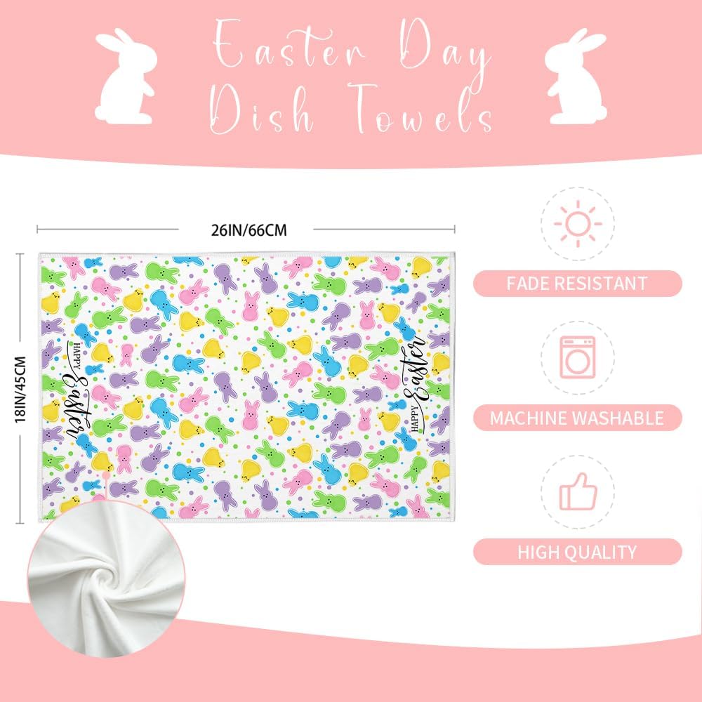 Colorful Bunny Happy Easter Kitchen Towels Set of 2,Hello Peeps Rabbits Dish Hand Towels Farmhouse Indoor Outdoor Holiday Seasonal Decorations DD079