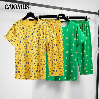 Zomer Damespak Plus Size Bloemen Pyjamabroek Zacht Ademend T-shirt met Korte Mouwen Zeven-tiende Broekpak