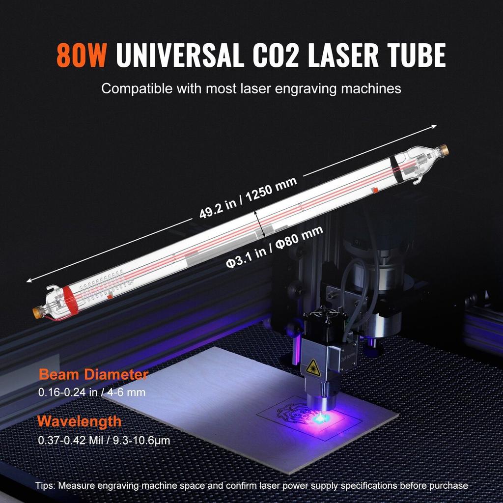 90W CO2 Laser Tube 49.2 in / 1250 mm Borosilicate Glass Laser Cutter Tube