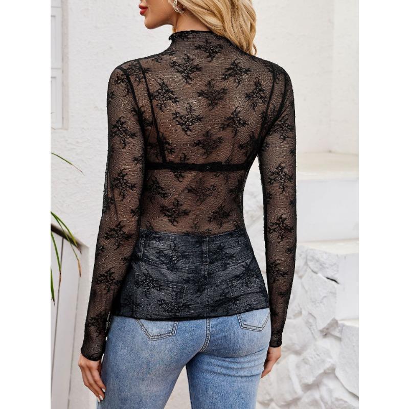 Women Sexy Slim Fit Lace Mesh Long Sleeve Pullover Bottoming Shirt