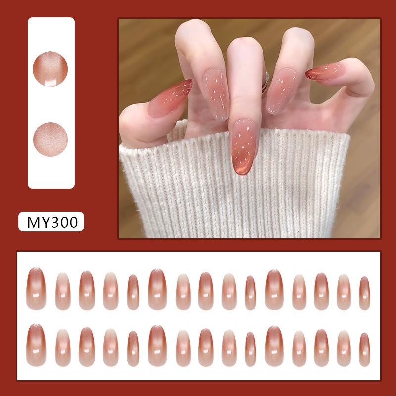

Simple cat eye red chestnut gradient blush ice permeable temperament fashionable removable wearable nails 30 pieces
