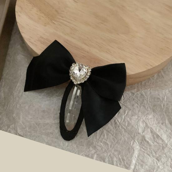 Women Hairpin Smooth Edges Smooth Satin Ribbon Bow Sparkling Rhinestone Rounded BB Clip Hair Accessory