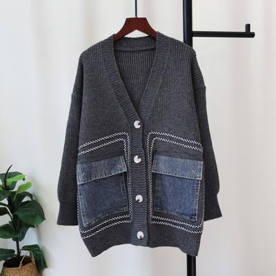 Autumn and Winter New Loose Splicing Denim Knitted Cardigan Design Sense Lazy Wind Sweater Jacket Women
