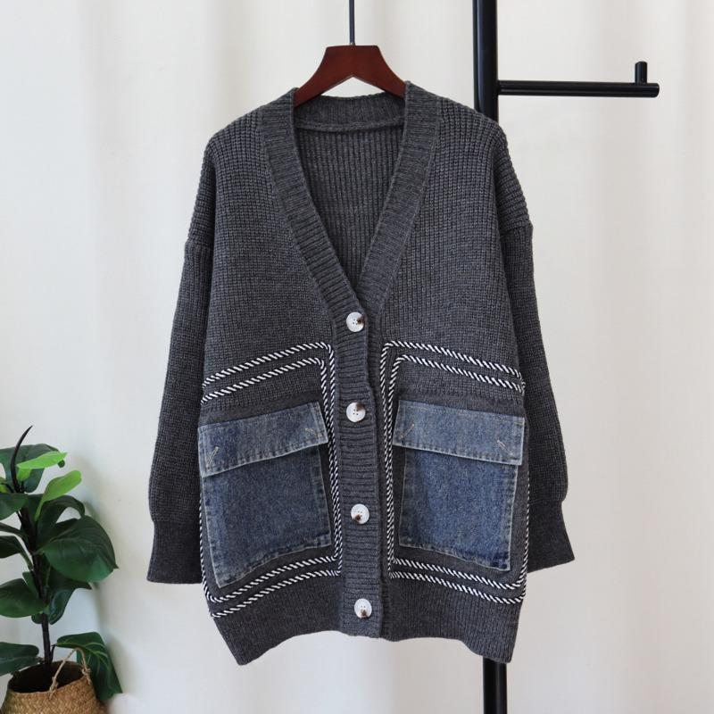 

Осень и зима новый свободный сращенный джинсовый вязаный кардиган с чувством дизайна ленивый ветер свитер куртка женская one size fits all серый
