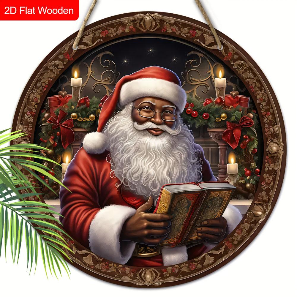 Black Santa Claus Wooden Christmas Sign - Navidad Round Sign for Yard Door Wall Hanging Decor - Ideal Christmas Decoration