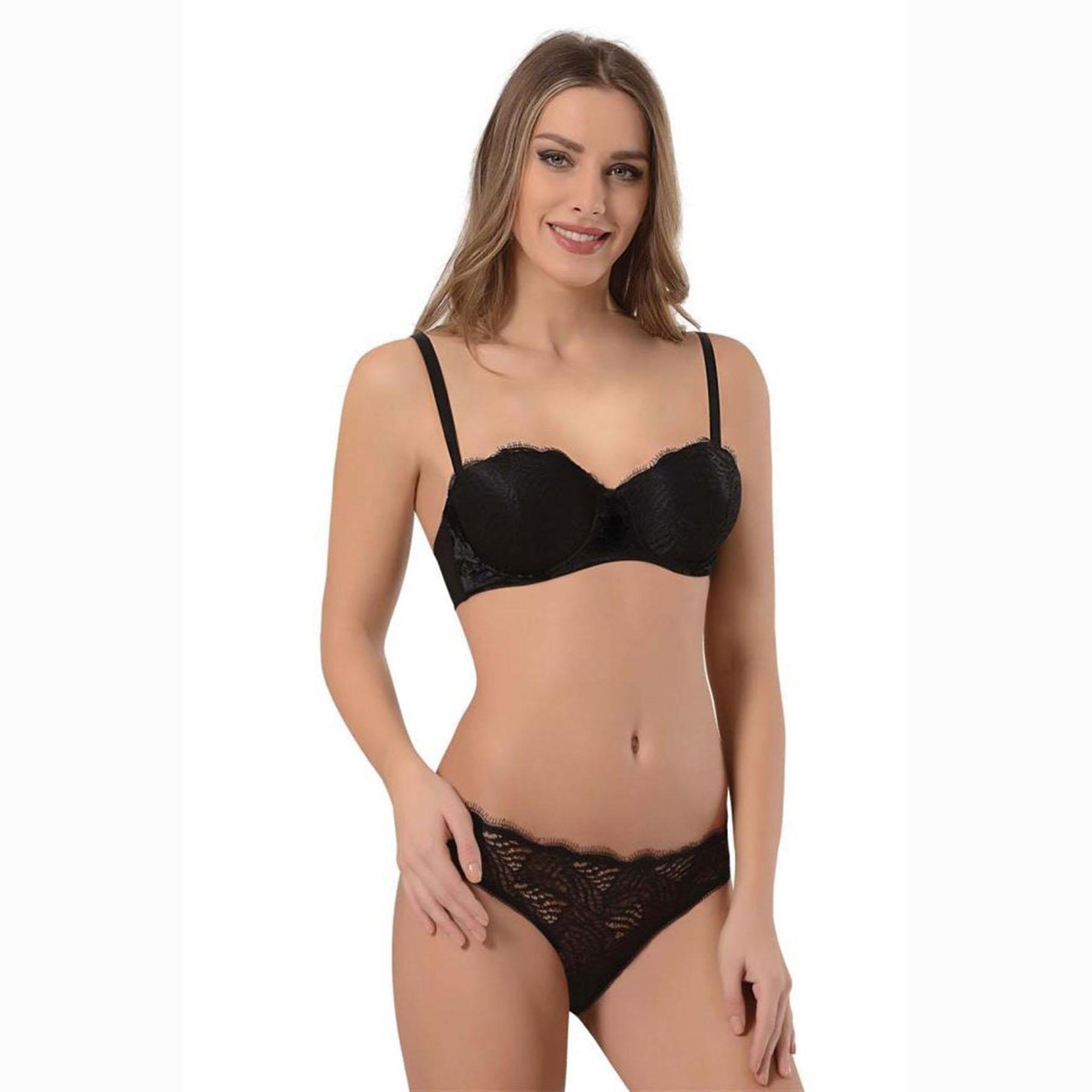 

Черный комплект с легким поддерживающим бюстгальтером без бретелек с кружевной отделкой 4642