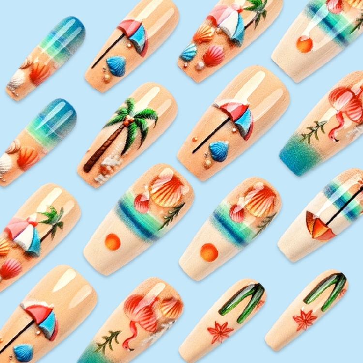 24pcs Medium Ballet 3D Beach Design Press On Nail Summer False Nail Acrylic Nail Manicure Nail Decors French Art Tips