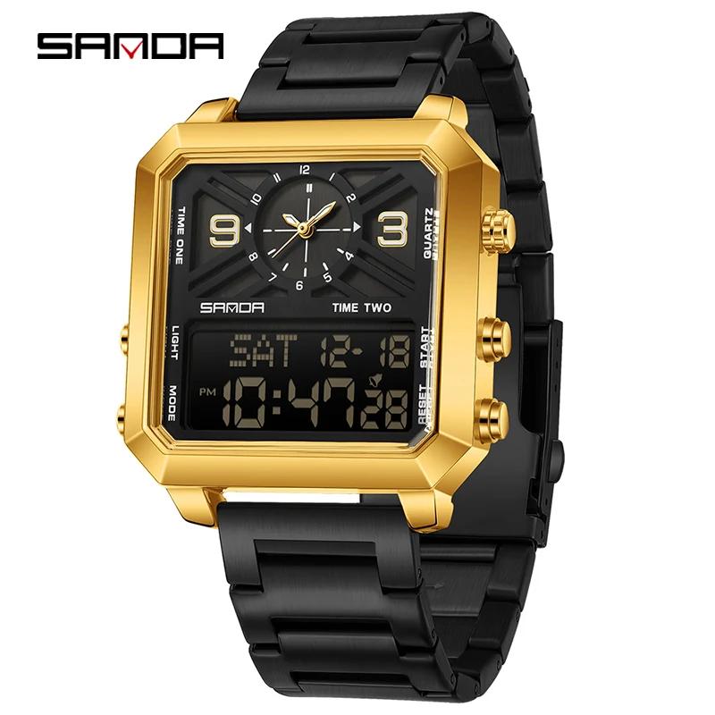 Sports Square Dual Display Men s Quartz Watch Stainless steel Waterproof LED Digital Countdown Electronic Wristwatch Male