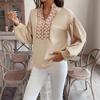 New Vintage and Elegant Open-collar Circular-patterned Decorative Long-sleeved Crew-neck Blouse for Women