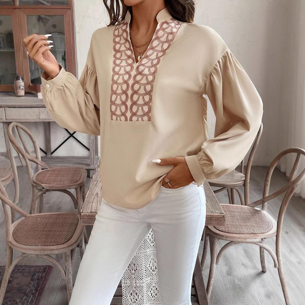 New Vintage and Elegant Open-collar Circular-patterned Decorative Long-sleeved Crew-neck Blouse for Women