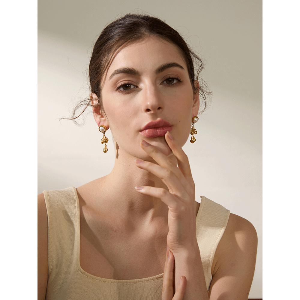 Yhpup Vintage Stainless Steel Metal Flower Drop Dangle Earrings Fashion Imitation Pearl Temperament Charm Stylish Golden Jewelry