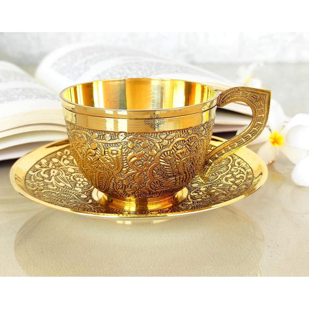 Tasse et soucoupe en laiton pur avec motif en relief, pour servir le thé, le café, vaisselle