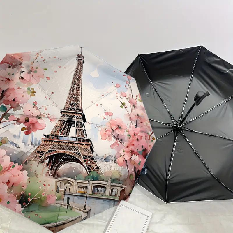 1PC Eiffel Tower, Cherry Blossoms Umbrella-8-Rib Reinforced, Automatic Open, Lightweight & Durable, Cute Fashion Accessory for Outdoor, Beach, or Casu