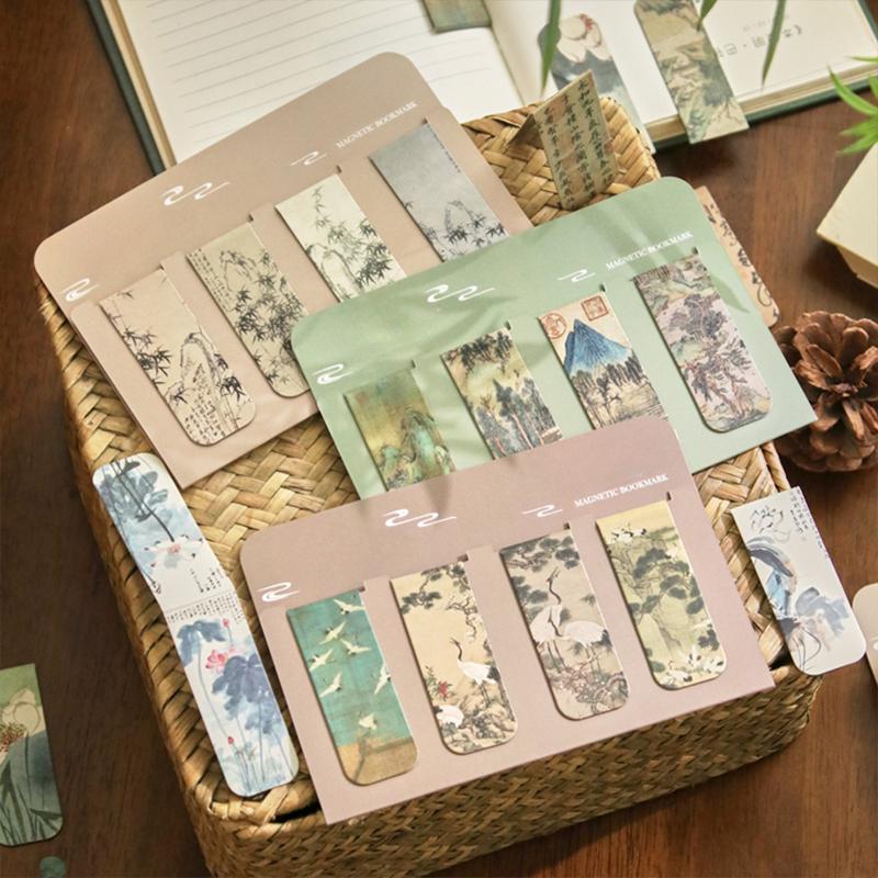 2/4/5 Stück/Set Chinesisches Retro Lesezeichen Bambus Lotus Kran Landschaft Lesezeichen für Lehrergeschenk Vintage Ästhetisches Magnetisches Lesezeichen