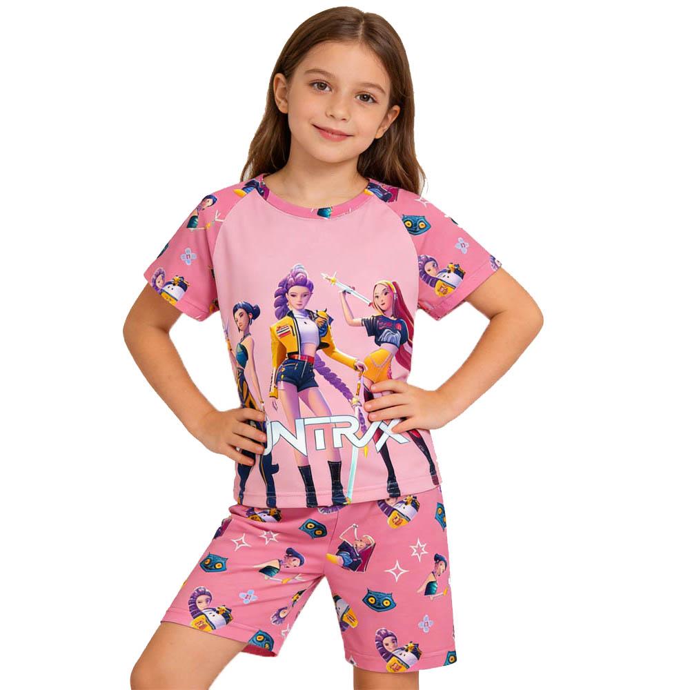 Fashion Fun Cartoon Devil Hunter Print Kids T-shirt and Shorts 2 Piece Set Summer Casual Outdoor Boy's and Girl's Outfit Set