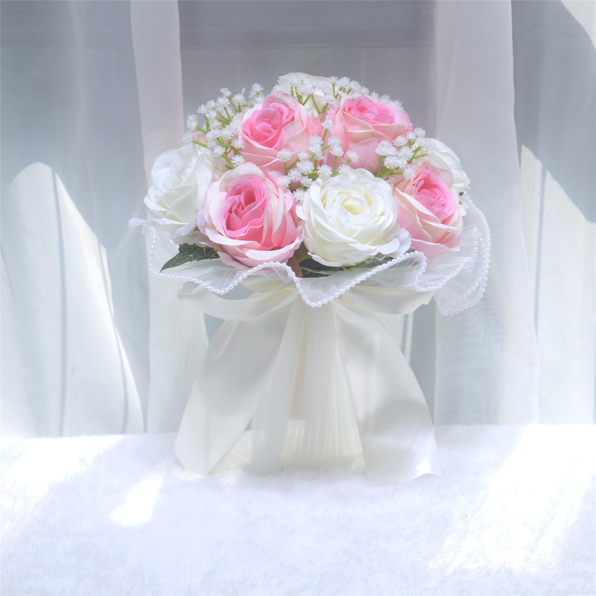

265 Simulation Handheld Rose & Baby s Breath Wedding Bouquet Mesh Prop