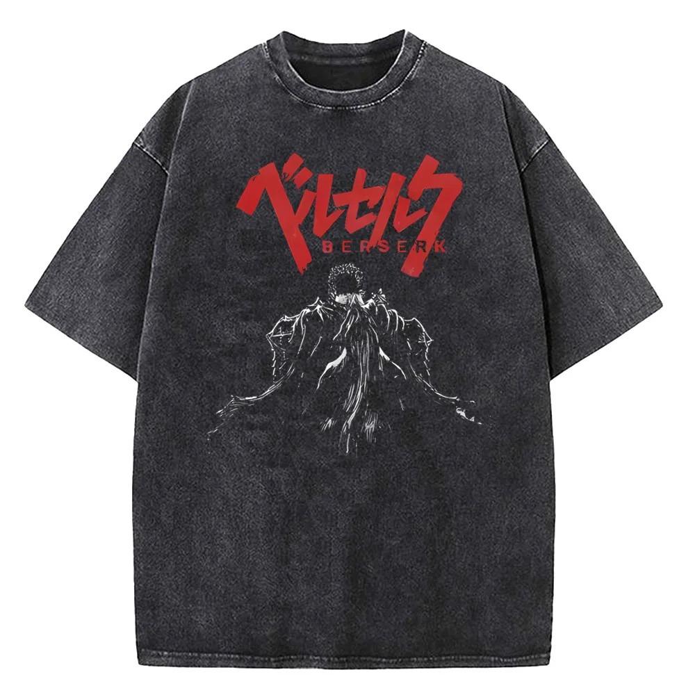 2026 Anime Berserk Guts Graphic Printed Tee Men Women Vintage Washed Casual Tshirts High Quality Cotton T Shirt Harajuku Male T-shirt