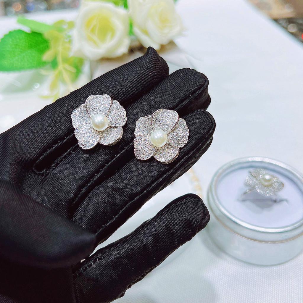 Full Diamond Pearl Camellia Set, French Premium Light Luxury Flower Ring, Earrings, Bracelet, Necklace