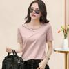 Women T-shirt V-Neck Lace-Up Collar Short Sleeve T-Shirt Solid Color Loose Fit Casual Tee Shirt