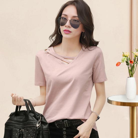 Women T-shirt V-Neck Lace-Up Collar Short Sleeve T-Shirt Solid Color Loose Fit Casual Tee Shirt Daily Wear