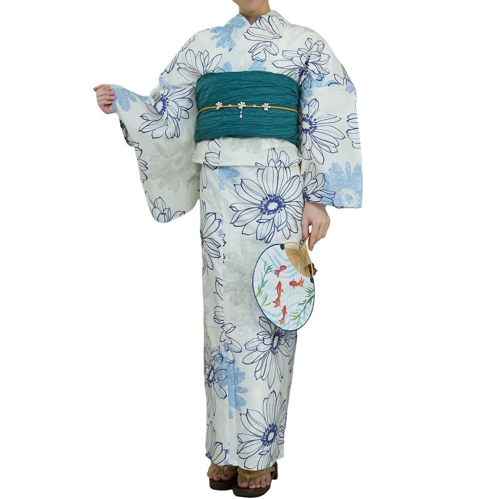 RAVIR Yukata White with a Refreshing Blue Daisy featuring a Fluffy Obi Belt and Free Women's 3-Piece Set Pattern, Sandals. Size.