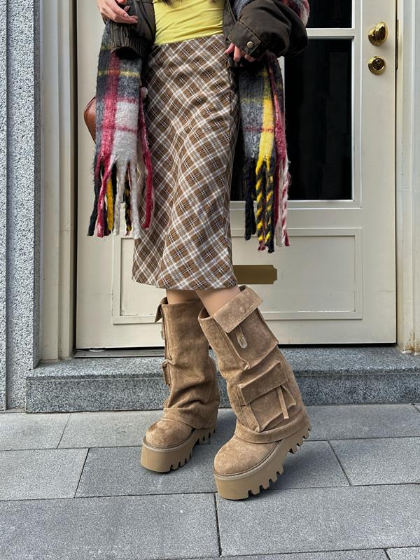 Modne damskie buty zimowe Brązowe buty gruba podeszwa podwyższające retro kieszeń kozaki damskie modne buty damskie