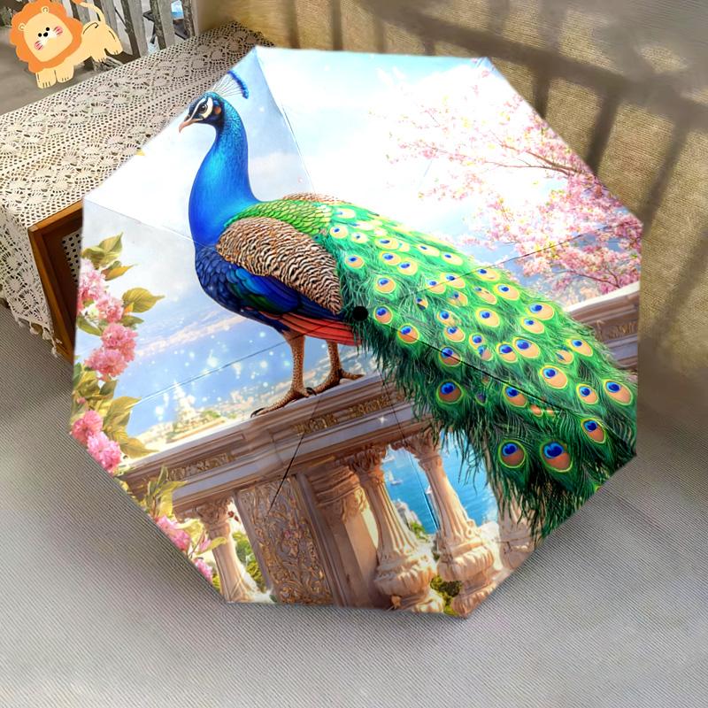 1 PC Automatic Folding Umbrella - Peacock Garden Pattern, Portable & Foldable Design with 8 Ribs, Christmas Birthday Gifts