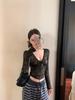 Women's Autumn Lace-up V-neck Lace Black Top - Slim Fit, Waist-cinching, Chic Long Sleeve